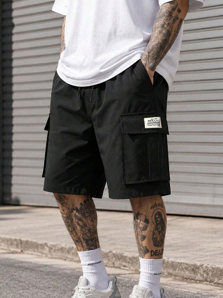 Summer Plus Size Men's Outdoor Loose Street Style Cargo Casual Shorts, Drawstring Elastic Waist Bermuda Shorts - Black - View 1