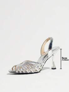 Women's Silver Rhinestone Thin Strap Open Toe High Heel Sandals, Fashionable Sexy Comfortable, Metallic Mirror Finish Premium Texture Upper, Round Toe Back Ankle Strap Design, Suitable For Evening Party, Wedding Bride, Party, Date, Valentine's Day Gift - Silver - View 3