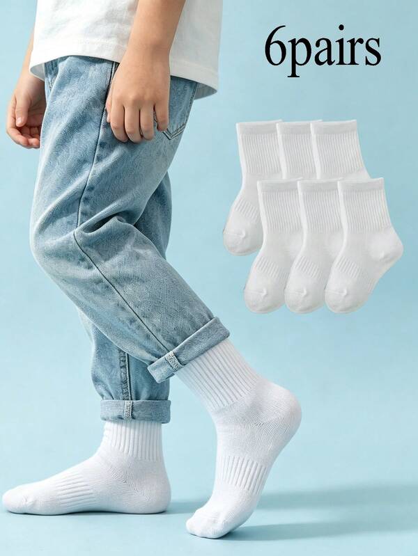 6 Pairs Children's White Ankle Socks, Minimalist Versatile Sports Mesh Short Socks, All Season Sports Socks For Students, Comfort, First Day Of School