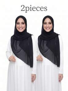 1pc Solid Color Chiffon Square Scarf For Arabic Women, Casual Scarf Suitable For Daily Use, 110*110cm - Black 2-pack - View 1
