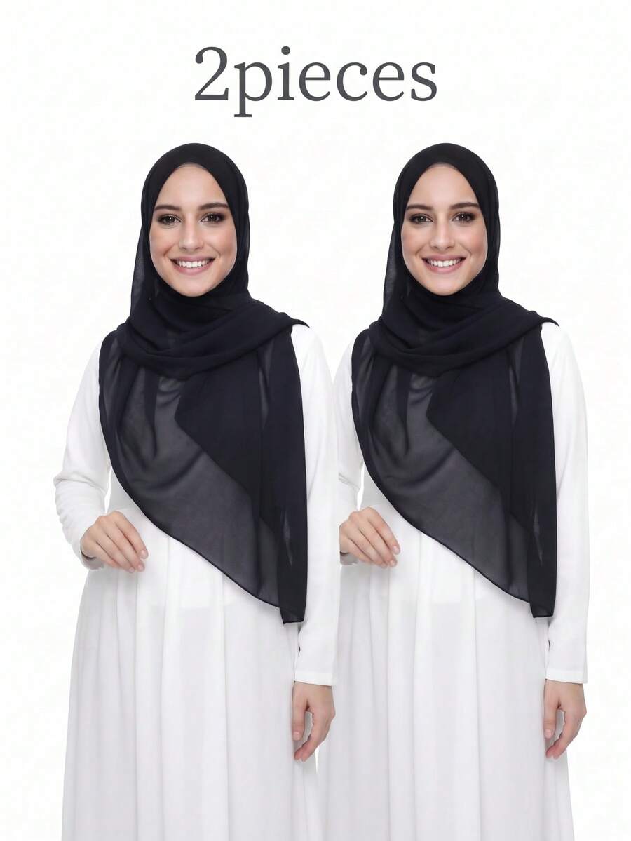 1pc Solid Color Chiffon Square Scarf For Arabic Women, Casual Scarf Suitable For Daily Use, 110*110cm - Black 2-pack - View 1