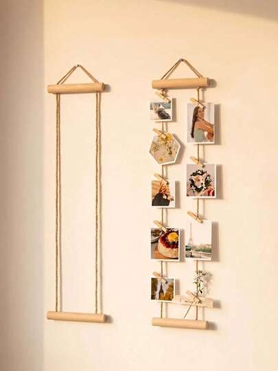 18/1pc-Bohemian Style Natural Wooden Photo Wall Hanging, Decorative Wall Photo Hanging Rope With Clips, No Drilling Required, Suitable For Dorm, Bedroom, Home Decor, Room Decoration, Bedroom Decoration, Photo Storage, Family Keepsake Photo Display Rack, Campus Classroom Photo Rack