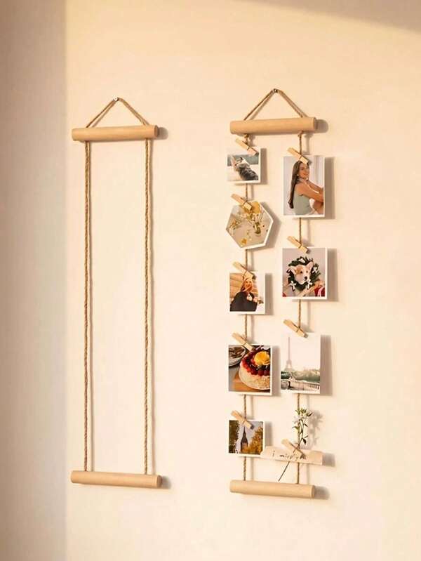 18/1pc-Bohemian Style Natural Wooden Photo Wall Hanging, Decorative Wall Photo Hanging Rope With Clips, No Drilling Required, Suitable For Dorm, Bedroom, Home Decor, Room Decoration, Bedroom Decoration, Photo Storage, Family Keepsake Photo Display Rack, Campus Classroom Photo Rack