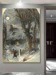 1pc Diamond Painting Kit, Vintage Winter Night Countryside Landscape Diamond Art, Handmade DIY Rhinestone Decor Painting, Living Room Bedroom Atmosphere Snow Scene Wall Art - round diamond - View 3