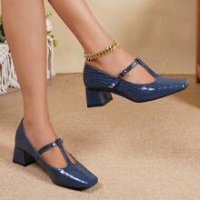 French Style Glossy Crocodile Embossed T-Strap Square Toe Chunky Heel Pumps With Adjustable Buckle, Suitable For Various Daily Outfit Styles, Women's High Heels - Navy Blue - View 1