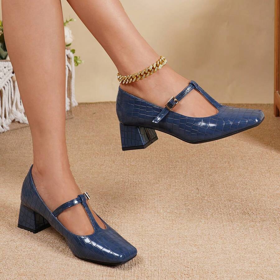 French Style Glossy Crocodile Embossed T-Strap Square Toe Chunky Heel Pumps With Adjustable Buckle, Suitable For Various Daily Outfit Styles, Women's High Heels - Navy Blue - View 1