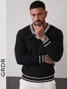Men's Autumn/Winter V-Neck Casual Minimalist Colorblock Sweater - Black - View 5