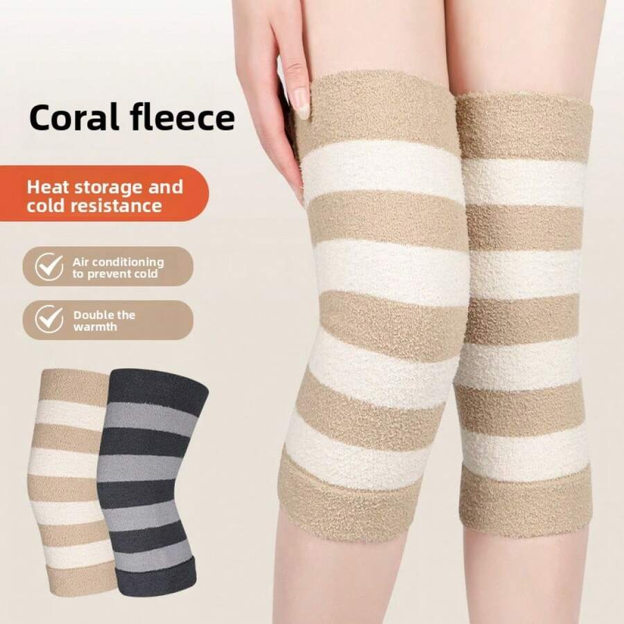 1 Pair New Coral Fleece Striped Warm Knee Pads, Designed To Resist Cold And Provide Warmth For Elderly Legs, With High Elasticity And No Constriction - Multicolor - View 1