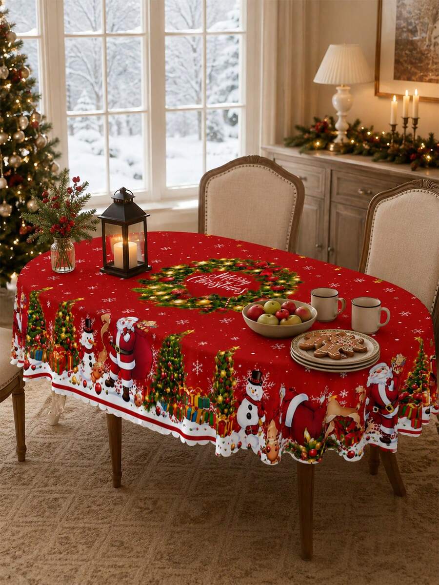 1pc Christmas Tablecloth, Santa Claus, Snowman, Christmas Tree Pattern, Christmas Wreath Design, Rectangular/Oval/Round, Suitable For Christmas Eve Party, Christmas Decoration, New Year Celebration, Living Room, Kitchen Decor - Multicolor - View 1