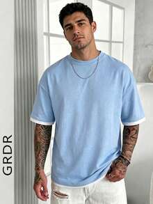 GRDR Men's Classic 2 In 1 Round Neck Short Sleeve T-Shirt, Fashionable Minimalist Commuting Versatile - Baby Blue - View 8