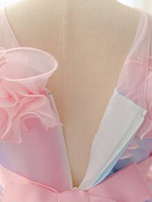 Iridescent Gradient Tween Girl Flower Girl Long Dress, Off-Shoulder 3D Ruffle Princess Gown With Front Slit, High Waist Satin Bow Colorblock Fluffy Tulle Skirt For Girls Wedding, Baptism, Party, Performance - Baby Pink - View 9