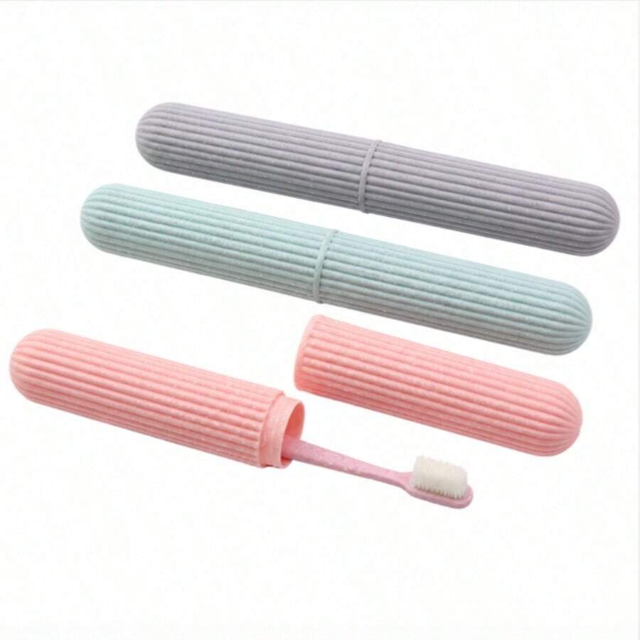 1pc Portable Travel Toothbrush Holder Case, Non-Slip Striped Toothbrush Storage Box With Cover, Compact Toothbrush Organizer For College Dorm, Camping, Travel, Bathroom Accessories, Back To School Essentials - Multicolor - View 1