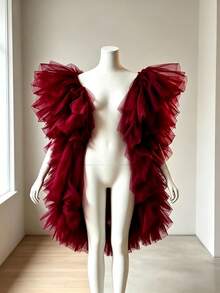 1pc Burgundy Sheer Tulle Shoulder Shawl Fairycore Bridal Mesh Wrap Elegant Cape For Wedding Evening Party Halloween Cosplay Stage Photoshoot - Burgundy - View 3