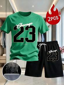 Mens Clothes Set Of 2pcs Including A White T-Shirt Featuring A Black And Golden '23' Print,Shorts That Have Golden '23' Accents And A White Drawstring - 綠色 - 查看 3