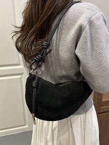 1pc Solid Color Matte Suede Fabric Shoulder Bag Women's Vintage Fashion Crescent Bag With Stitching Patchwork Zipper Closure Suitable For Daily And Street Use - Black - View 9
