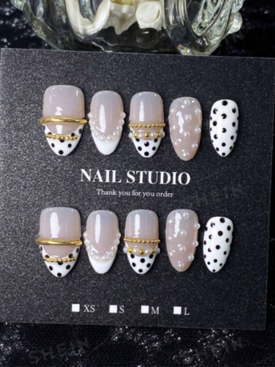 10-Piece Handmade Summer Nail Stickers, Short Almond Shape Design, Nude Pink Base With Black And White Polka Dot French Tips, Accented With Pearls And Gold Metallic Details, Retro-Chic Style, Versatile And Elegant, Comes With A Nail Art Tool Set - Black and White - View 1