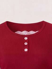 Spring/Autumn Girls Casual Burgundy Ribbed Long Sleeve Top + Heart Vertical Ribbed Pants Pajama Set, Lace Collar, Soft Fabric, Home Leisure Wear - Burgundy - View 5