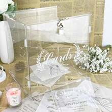 Transparent Acrylic Willow Leaf & Wheat Ear Carved Cards Wedding Greeting Card Storage Box With Metal Lock, Guest Blessing Card Collection Box, Lawn Wedding Engagement Party Birthday Party Sign-In Message Display Box - 1PC - View 1