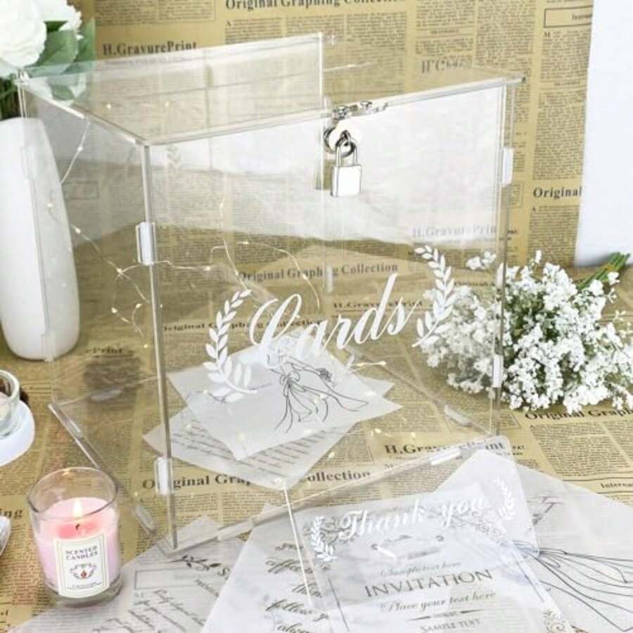 Transparent Acrylic Willow Leaf & Wheat Ear Carved Cards Wedding Greeting Card Storage Box With Metal Lock, Guest Blessing Card Collection Box, Lawn Wedding Engagement Party Birthday Party Sign-In Message Display Box - 1PC - View 1