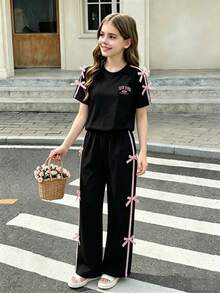 少女卡通印花圆领短袖上衣和裤子套装 - 黑色 - 查看 1