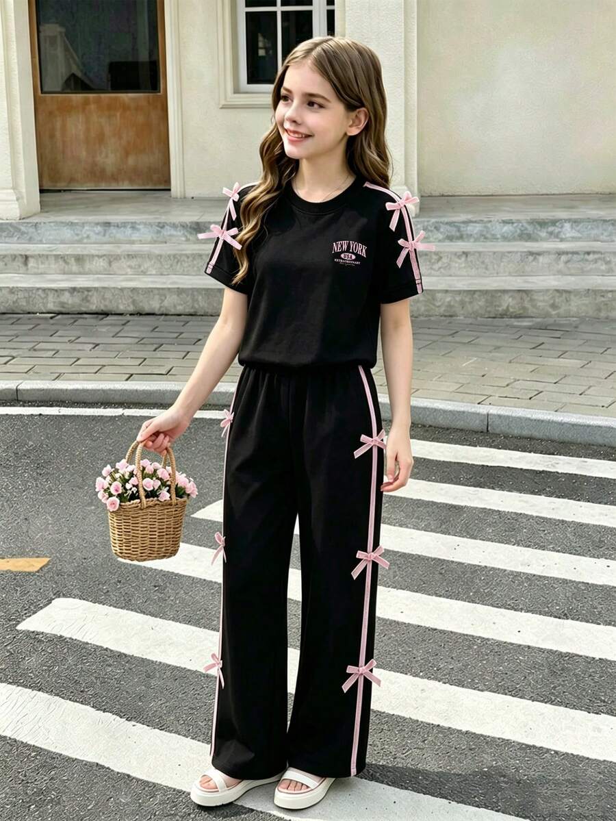 少女卡通印花圆领短袖上衣和裤子套装 - 黑色 - 查看 1