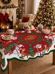 1pc Merry Christmas Santa Claus Snowman Round Tablecloth, Holiday Red Polyester Tablecloth, Printed With Reindeer, Christmas Tree, Holly And Gift Patterns, Reusable, Suitable For Kitchen, Holiday Party, Banquet And Home Decor - Multicolor - View 9