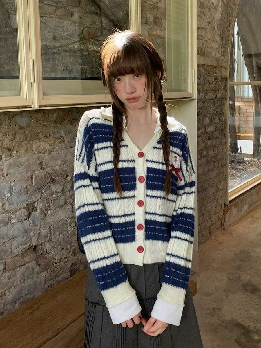 Striped Mink Fur Knit Cardigan Sweater Women Loose Slouchy Fuzzy Outerwear - Navy Blue - View 1