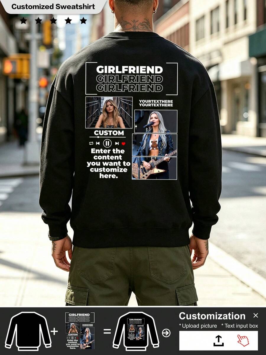 Unisex Custom Front & Back Photo Print Crew Neck Sweatshirt, DIY Upload Text Logo Loose Fleece Pullover, Personalized Family Couple Pet Gift - Black - View 1