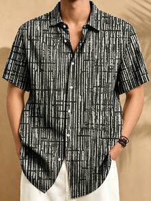 Vintage 50s Mid-Century Geometric Texture Print Men's Plus Size Button Pocket Short Sleeve Shirt - Black - View 2