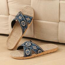 Spring/Summer Women's Home Slippers Cross Strap Linen Slippers Vintage Floral Pattern Breathable All-Season Indoor Floor Slippers Beach Vacation Comfortable Slippers - Navy Blue - View 4