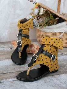 1 Pair Kids Flat Sandals With Toe Strap, Open Toe, Chinese Knot Decor, Rhinestone Embellishment, Single Strap Buckle, Suitable For Beach, Camping, Gathering, Shopping, Walking, Playing, Photo Taking - Yellow - View 2