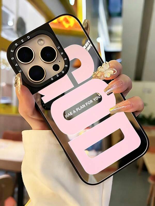 1pc Makeup Mirror Phone Case Pink God Slogan Personalized Pattern Full Coverage TPU Shockproof Phone Case Compatible With Apple 17 16 15 14 13 12 11 Pro Max