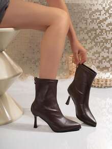Women's Vintage-Style Color-Block Ankle Boots Featuring A Glossy Finish, Pointed Toe, Kitten Heel, And Back Zipper-A Stylish And Versatile Choice. - Brown - View 1