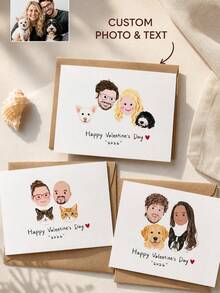 Custom Portrait Greeting Card, Personalized Photo Drawing Card With Custom Text, Hand‑Drawn Family & Pet Portrait, Sweet Gift For Valentine's Day, Anniversary, Suitable For Sending Warm Wishes To Your Loved Ones - Multicolor - View 1