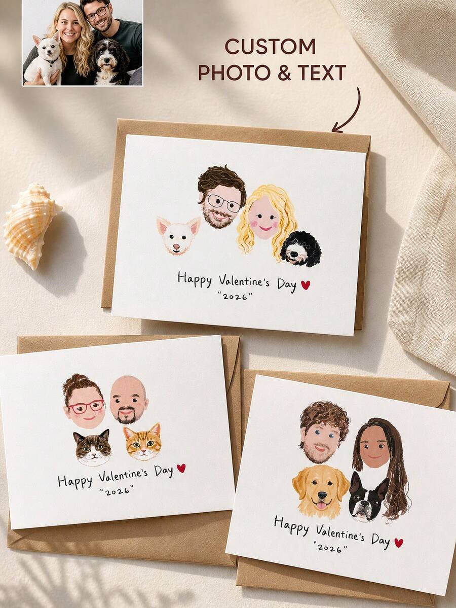 Custom Portrait Greeting Card, Personalized Photo Drawing Card With Custom Text, Hand‑Drawn Family & Pet Portrait, Sweet Gift For Valentine's Day, Anniversary, Suitable For Sending Warm Wishes To Your Loved Ones - Multicolor - View 1