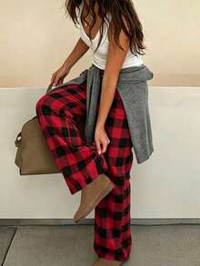Plaid Drawstring Elastic Waist Wide Leg Pants, Women's Casual Loose Straight Leg Long Pants, Red - Red - View 5