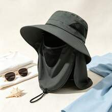 Topi Ember Pelindung Matahari untuk Pria, Topi Hiking Luar Ruangan Musim Panas dengan Masker Wajah yang Dapat Dilepas, Topi Pelindung Matahari UV - Hijau Tentara - View 4