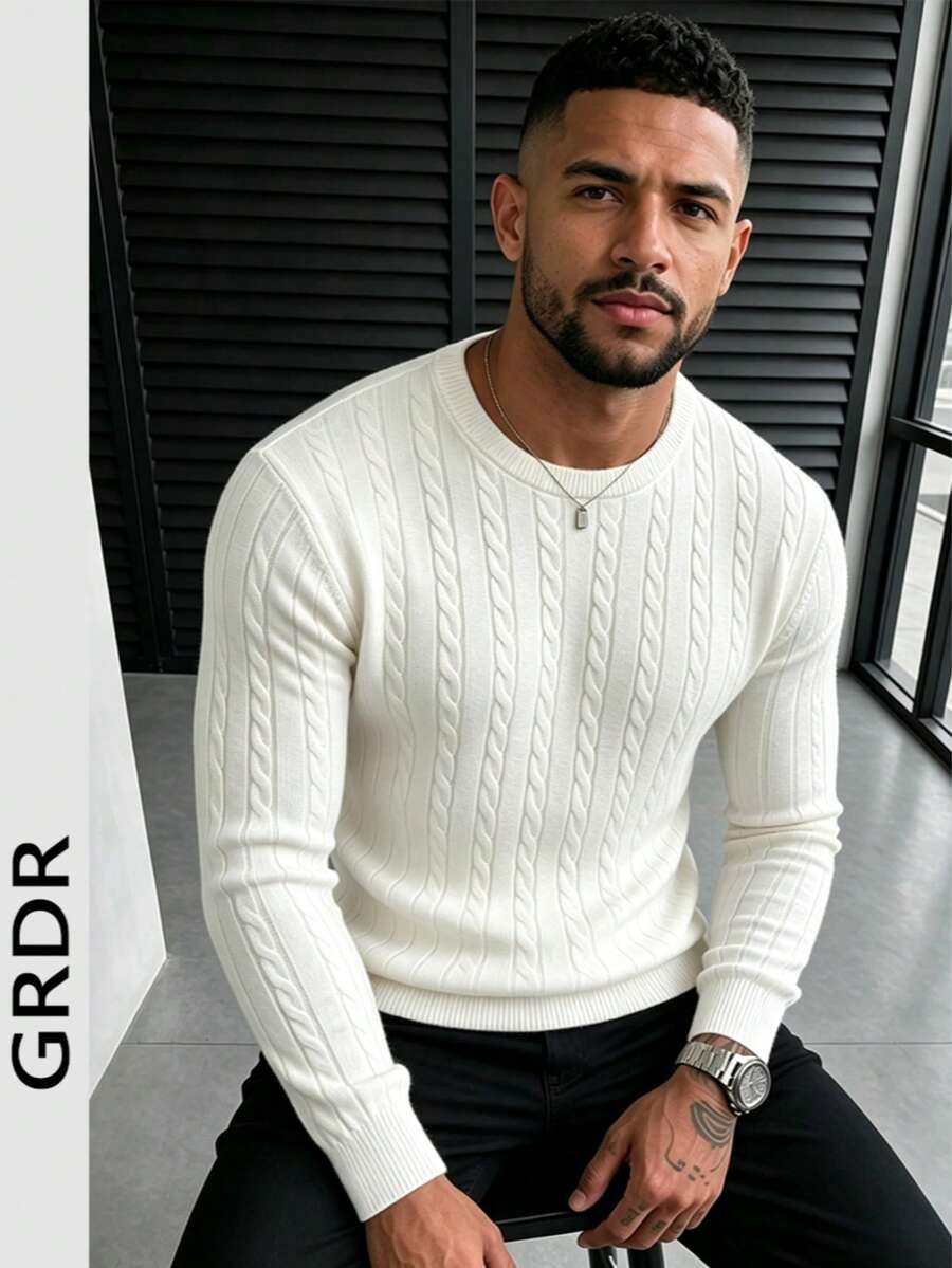 Sweater Rajut Kabel Lengan Panjang Leher Bulat GRDR Pria - Putih - View 1