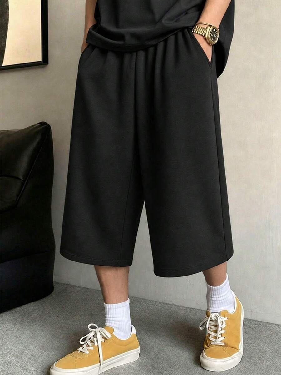 1pc Boys' Teen Summer Fashion Versatile Casual Commute Comfortable Loose 7/10 Pants - Black - View 1
