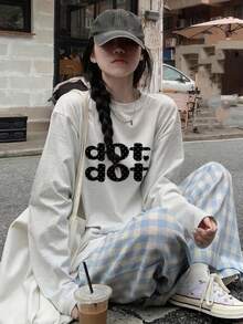 Women's Spring/Autumn Pure Fashion Loose Versatile Letter Cartoon Print Long Sleeve T-Shirt Casual - Light Gray - View 3