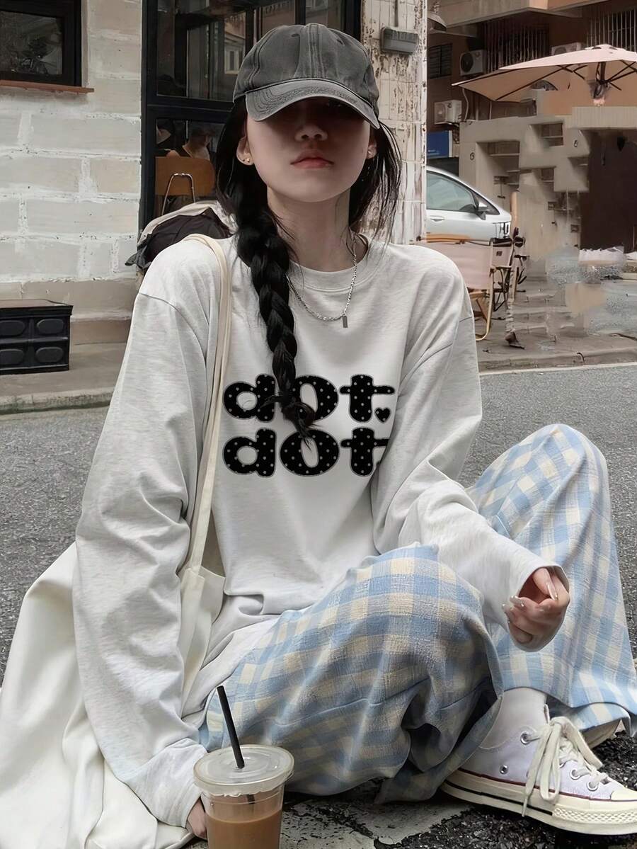 Women's Spring/Autumn Pure Fashion Loose Versatile Letter Cartoon Print Long Sleeve T-Shirt Casual - Light Gray - View 1