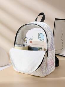 1pc Diamond Pattern Backpack, School Bag, Storage Bag, Travel Storage Backpack, Ocean Print Design, Large Capacity Foldable Easy Storage Bag, Lightweight Burden Reduction, Reinforced Double Shoulder Straps + Zipper Closure, Large Capacity Storage More Organized, Convenient And Practical For Accessing Items, Can Be Used As Student School Bag, Girl's Commuter Backpack, Short Trip Bag, Campus Casual Backpack, Suitable For School Books, Daily Commute, Outdoor Travel - Multicolor - View 4