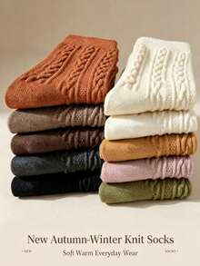 3/6 Pairs Thickened Diagonal Rib Mid-Calf Socks, Warm And Comfortable, Solid Color Long Socks, Moon Socks, Antibacterial And Moisture-Absorbing, Comfortable And Warm, Suitable For Sports, Home, Casual And Commuting - Multicolor - View 3