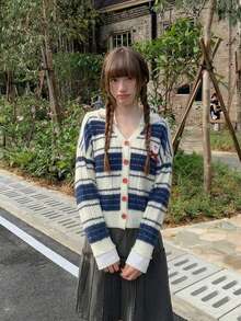 Striped Mink Fur Knit Cardigan Sweater Women Loose Slouchy Fuzzy Outerwear - Navy Blue - View 3