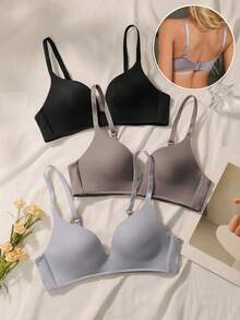 Conjunto de sujetador inalámbrico de 3 piezas Unicolor, bralettes sin costuras y suaves para mujer, sin aros, cómodos para uso diario, ropa interior de soporte completo, multipack. - Multicolor 2 - Ver 1