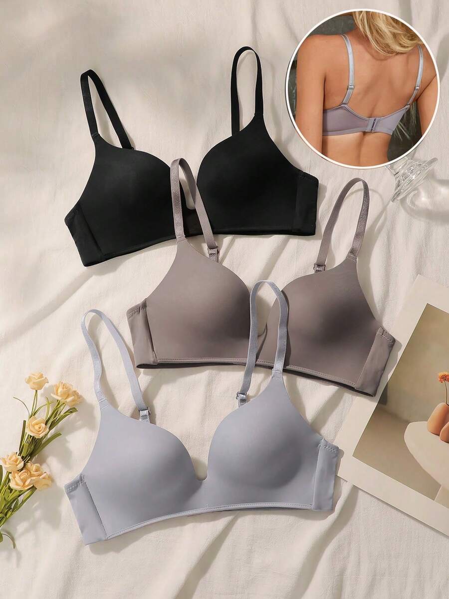 Conjunto de sujetador inalámbrico de 3 piezas Unicolor, bralettes sin costuras y suaves para mujer, sin aros, cómodos para uso diario, ropa interior de soporte completo, multipack. - Multicolor 2 - Ver 1
