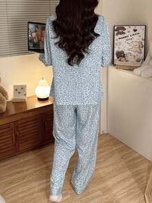 2pcs/Set Women's Sky Blue Leopard Print Open Front Pajamas, Lapel Collar Button Long Sleeve Top And Long Pants Loungewear, Suitable For Autumn/Winter/Spring/Summer - Sky Blue - View 2