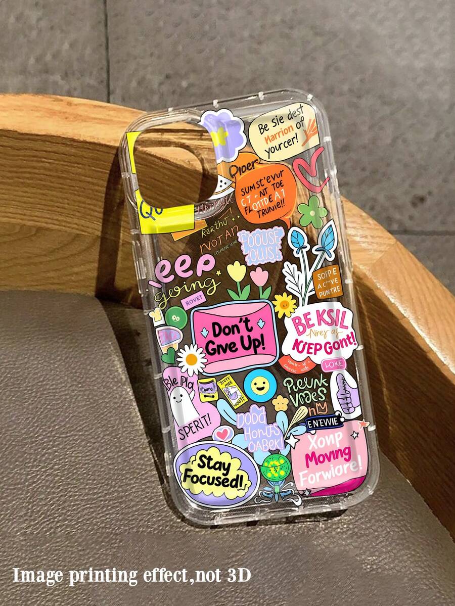 1pc Cute Slogan & Pattern Collage Full Coverage TPU Anti-Drop Phone Case Compatible With Apple 17 16 15 14 13 12 11 Pro Max And Series - Multicolor - View 1