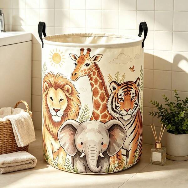 1pc Lion Giraffe Tiger Elephant Graphic Laundry Basket, Portable Fabric Storage Bin, Multipurpose Clothes Blanket Organizer For Household Daily Use