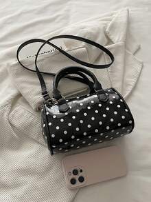 Cute Polka Dot Mini Boston Handbag, Sweet Shiny Leather Handle Women's Crossbody Shoulder Small Bag - Black - View 6